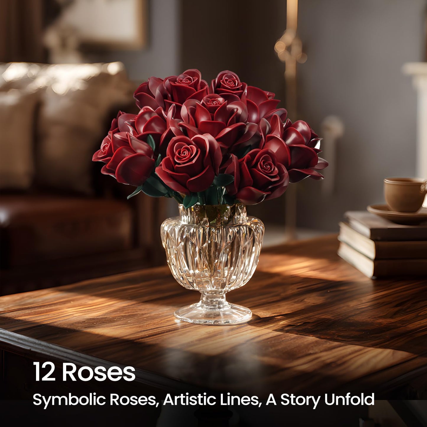 iATOM Burgundy Red Rose Bouquet Building Set – 12pc DIY Flower Kit for Adults