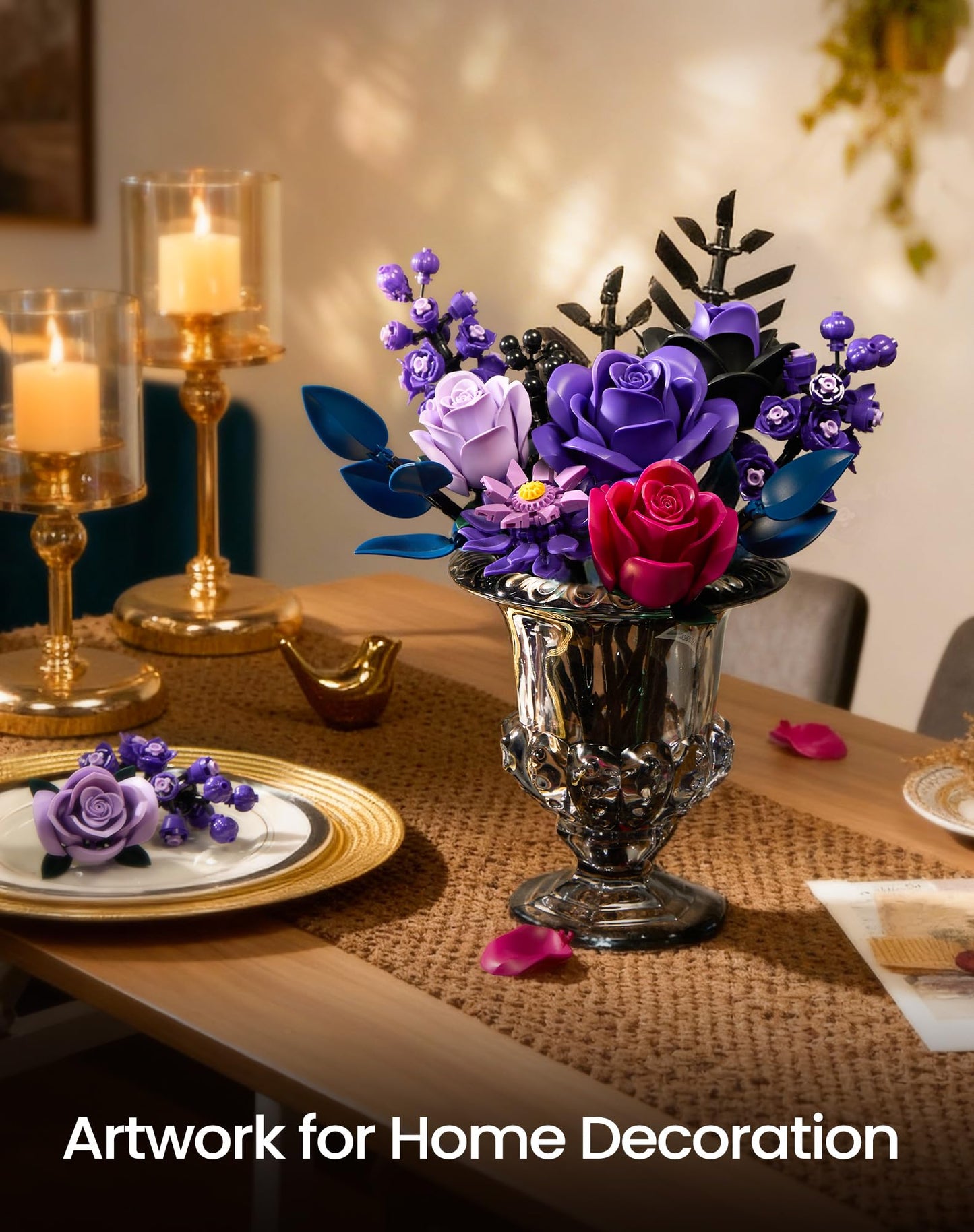 iATOM Flower Bouquet Building Set — Purple Roses Botanical Collection