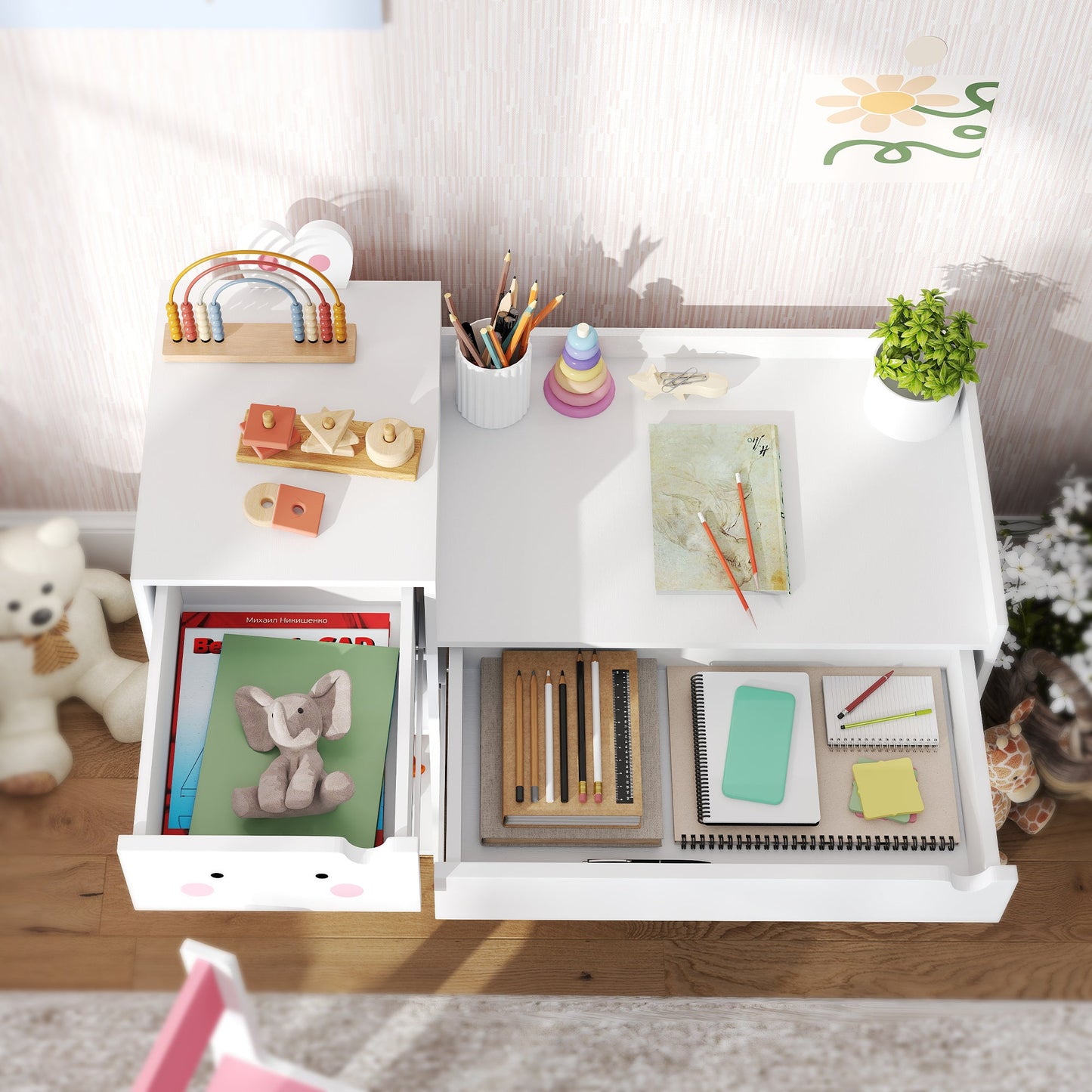 PawHut Kids Desk and Chair Set, Toddler Table and Chair Set, Rabbit Themed