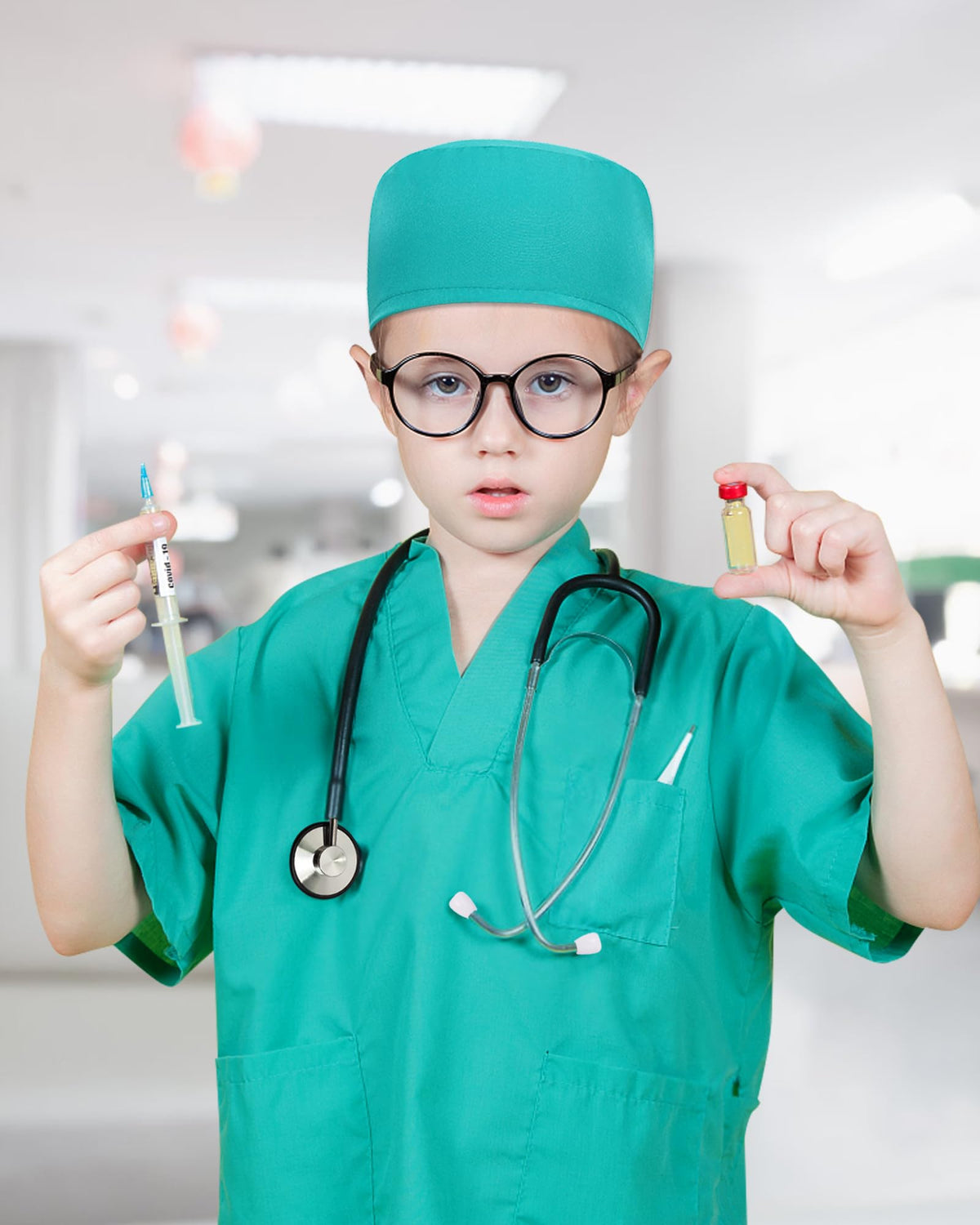ICECUTE Doctor Scrubs for Kids — 7-Piece Costume with Real Stethoscope (Green) 3–11 Years