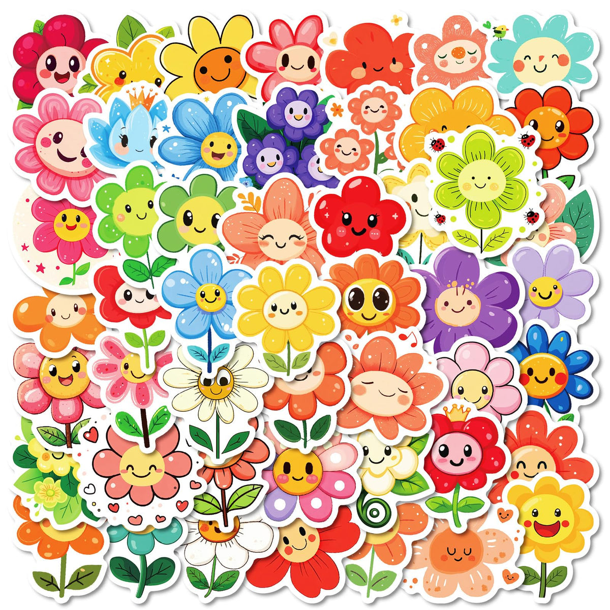 Icicrim 50Pcs Cute Smile Flower Stickers – Waterproof Vinyl Decals for Water Bottles and Laptops