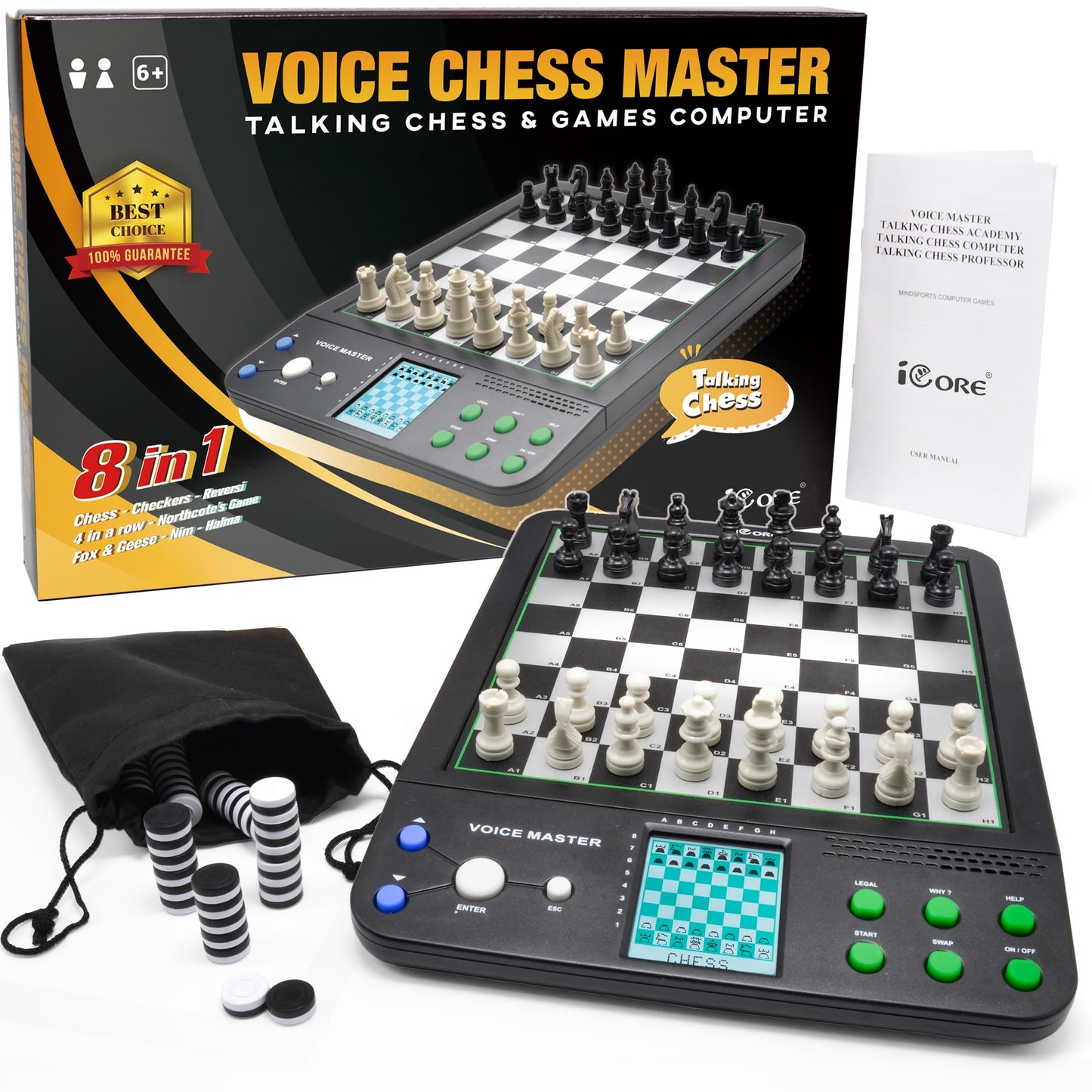 iCore Electronic Chess Set Pro Black – Voice Guide, 30 Levels, 100 Teaching Exercises