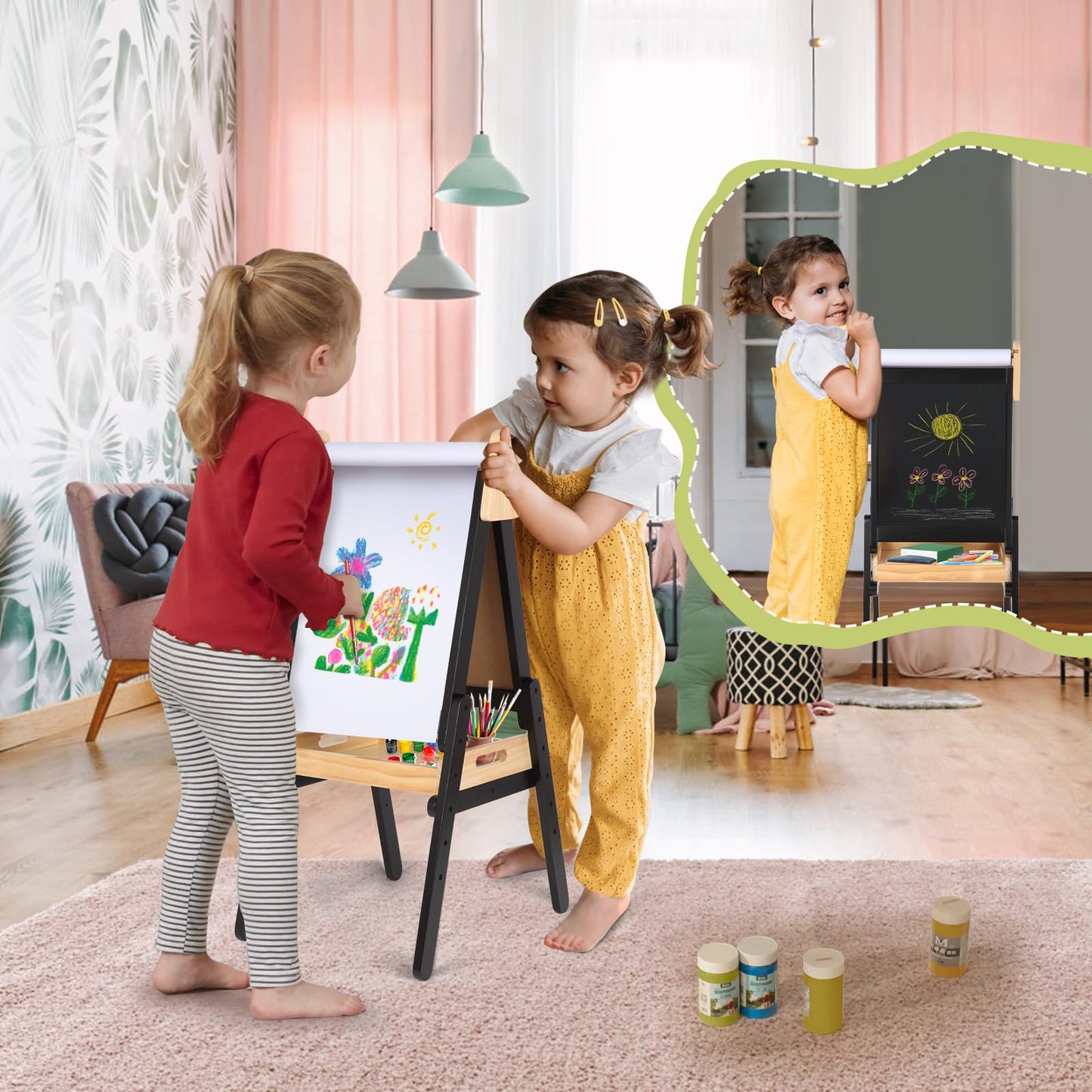IDEA FAMILY 3-in-1 Easel for Kids – Double-Sided Magnetic Chalkboard & Whiteboard, Adjustable Height