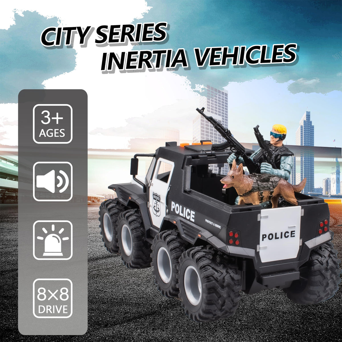 i diy Police Car Toy - 8x8 Friction-Powered with Lights and Openable Doors