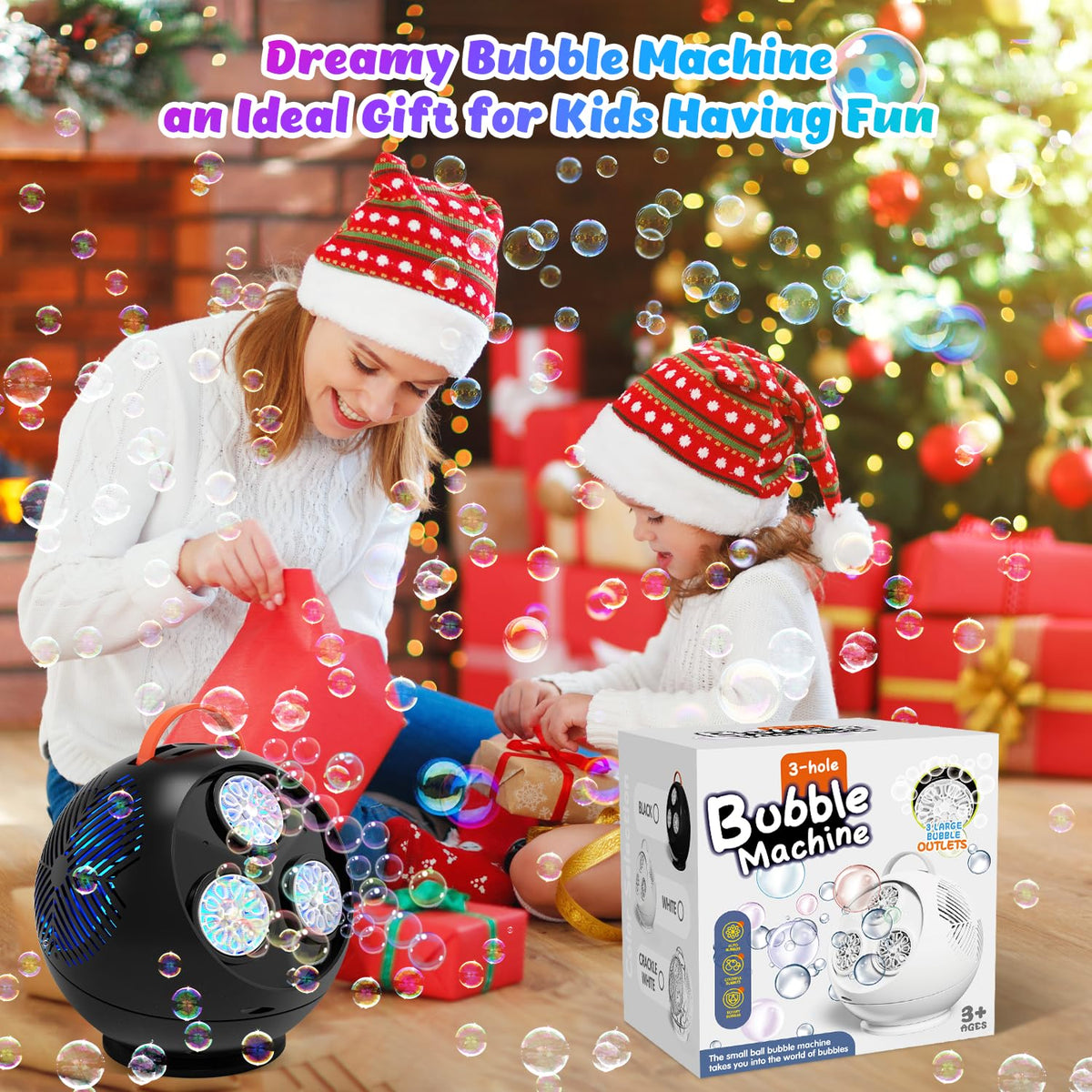 IFLOVE Bubble Machine for Kids – Colorful Spherical Rotating Bubble Maker with LED RGB Lights, 45°/360° Swing, Rechargeable Battery