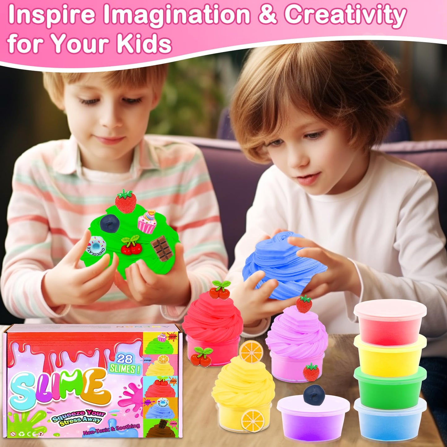 iGeeKid 28-Pack Valentines Butter Slime Cards – 7 Colors & 7 Charms