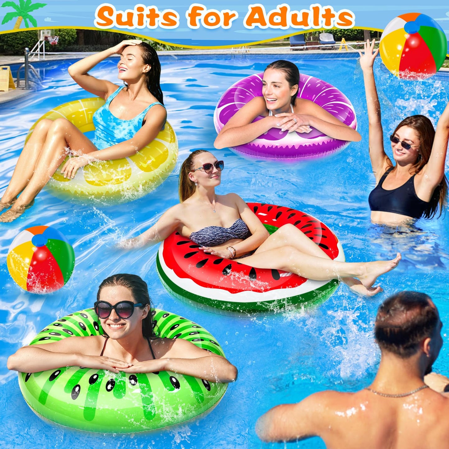 iGeeKid 8 Pack Pool Floats – Fruit Floats & Rainbow Beach Balls for Kids & Adults