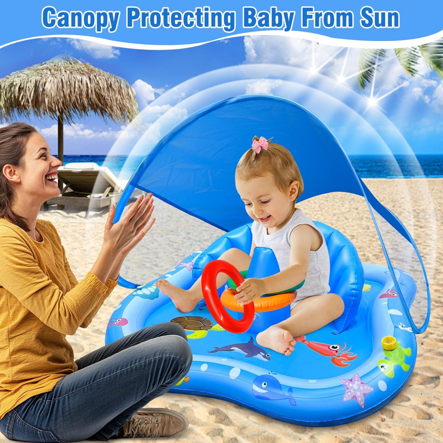 iGeeKid Baby Play Mat with Sprinkler & Canopy – Inflatable Pool Float with Backrest