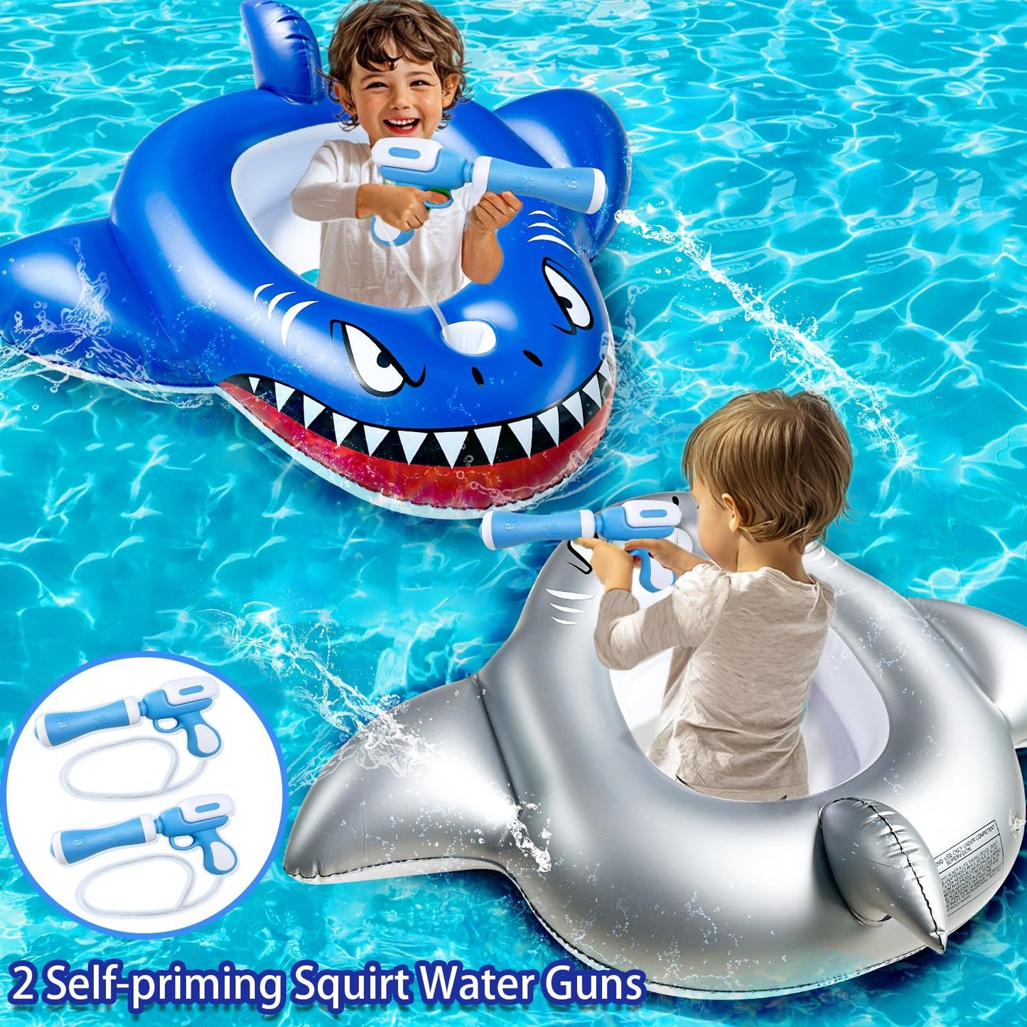 iGeeKid 2 Pack Inflatable Shark Pool Floats with Water Guns – Kids 3-11