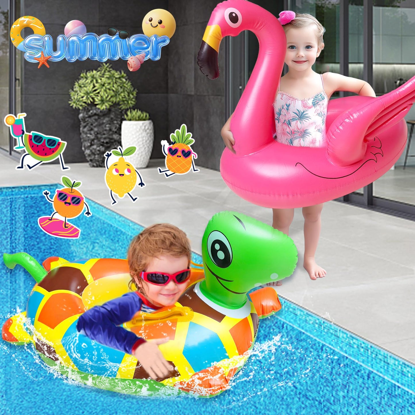 iGeeKid 4 Pack Inflatable Animal Pool Floats for Kids 3-7 – Flamingo, Turtle, Whale, Dalmatian