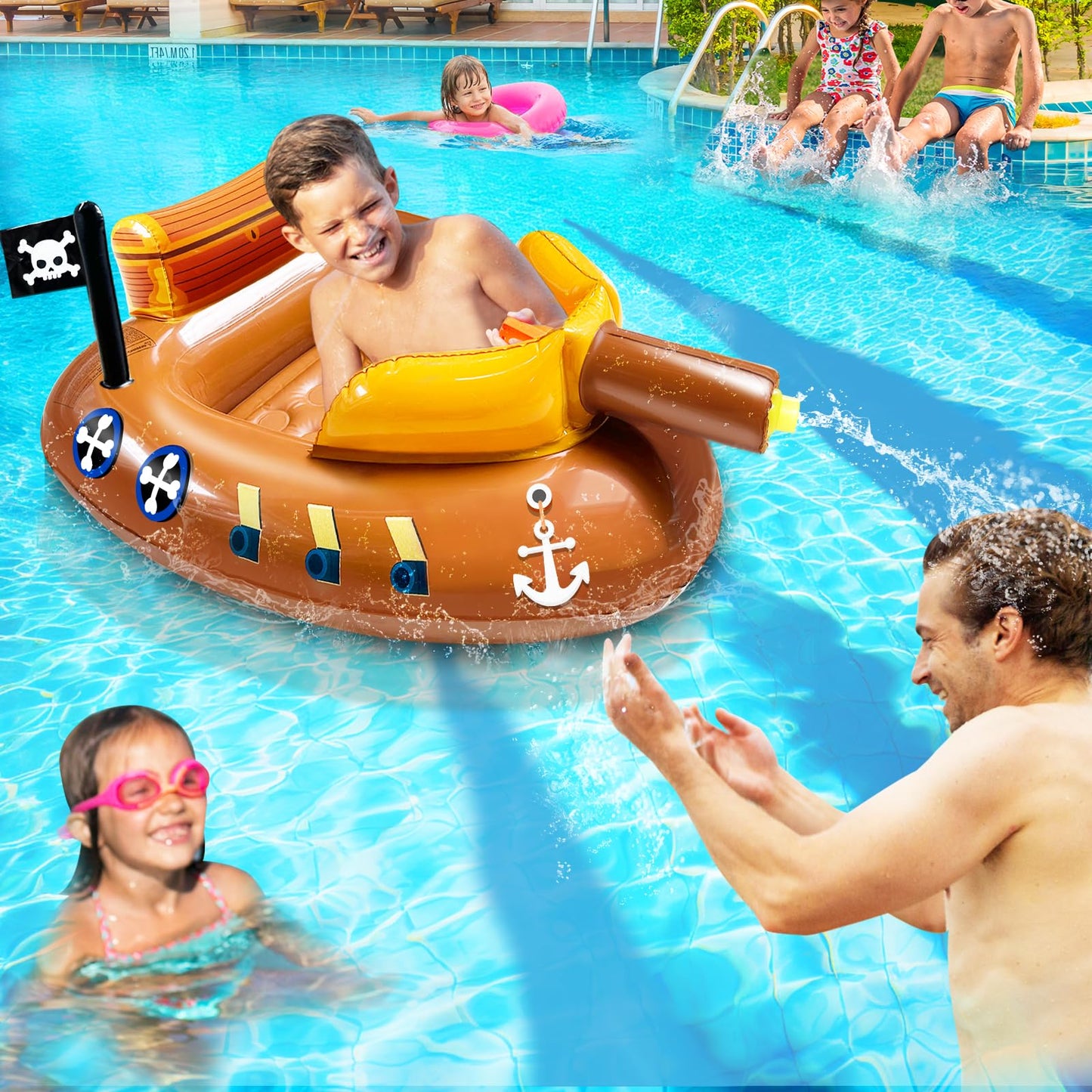 iGeeKid Pirate Ship Pool Float with Water Guns for Kids Aged 3-11