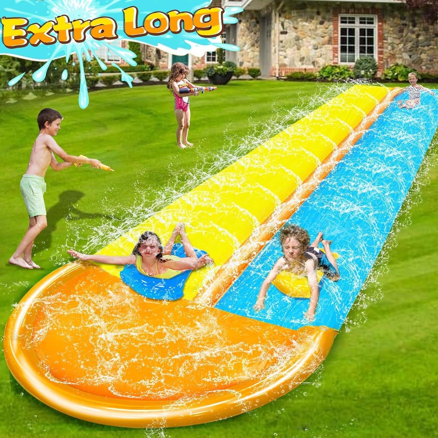 iGeeKid 30 Ft Extra Long Slip Water Slide with Sprinkler – Double Lane Backyard Water Toy