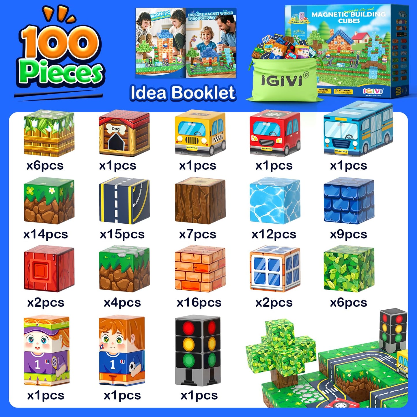 IGIVI 100Pcs Magnetic Blocks Road Set – STEM Road Building Toys for Kids 3+