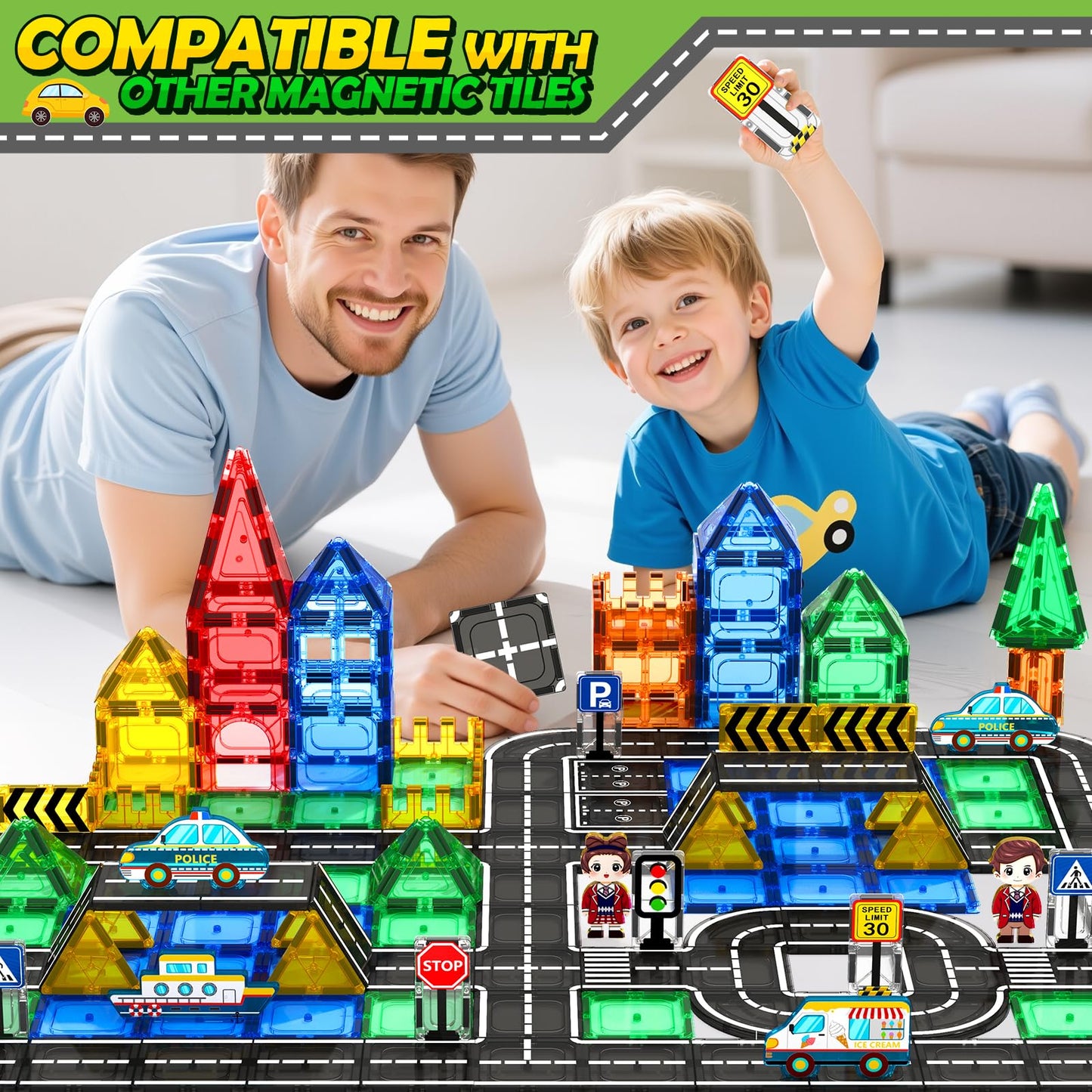 IGIVI Magnetic Tiles Road Set – STEM Building Blocks for Kids Aged 3-5 | Creative Road Toys