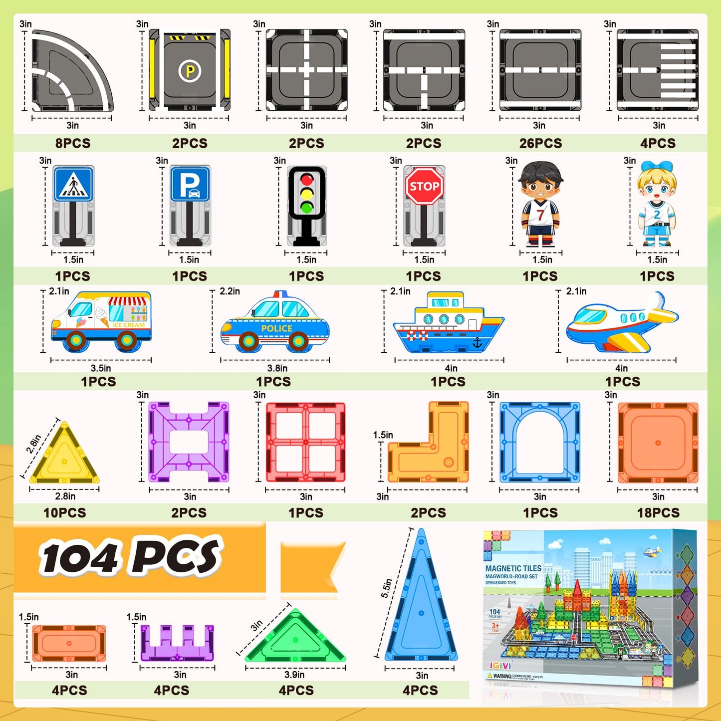 IGIVI 104 PCS Magnetic Tiles Road Set – STEM Construction Toys for Ages 3-8