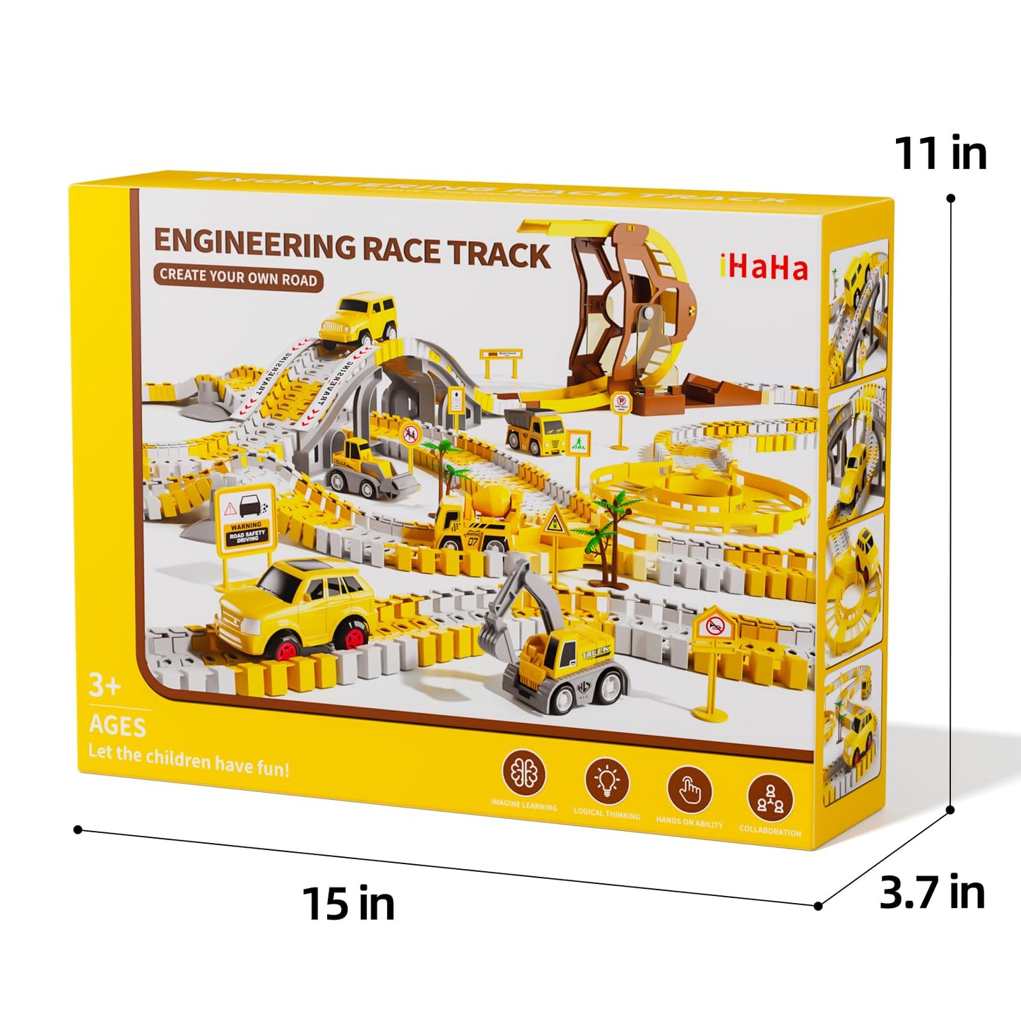 iHaHa 299 PCS Construction Race Track Set – 6 Engineering Cars & Flexible Track for 3-6 Year Old Boys