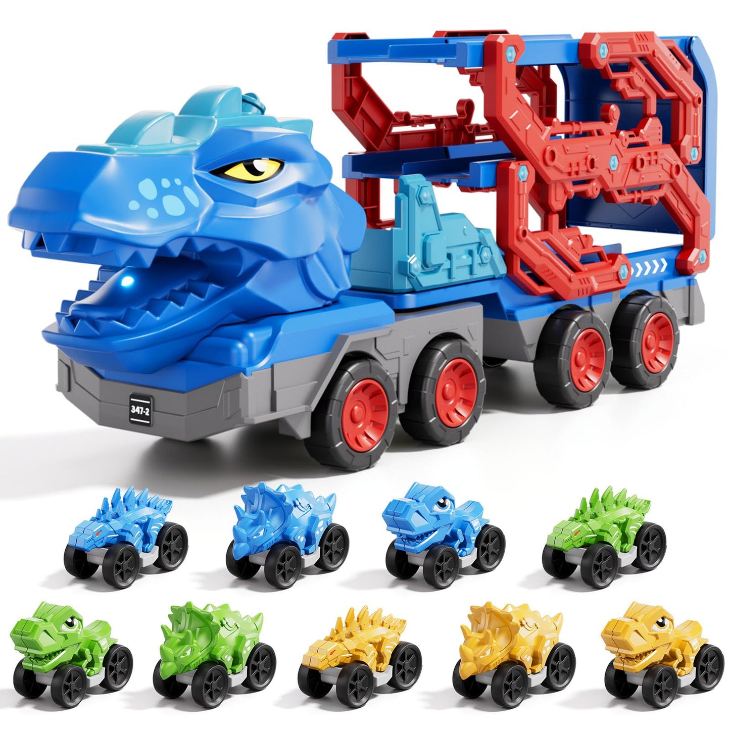 IHAHA 10-in-1 Dinosaur Truck Toys for Kids – 9 Dino Cars, Foldable Track, Spray & Lights