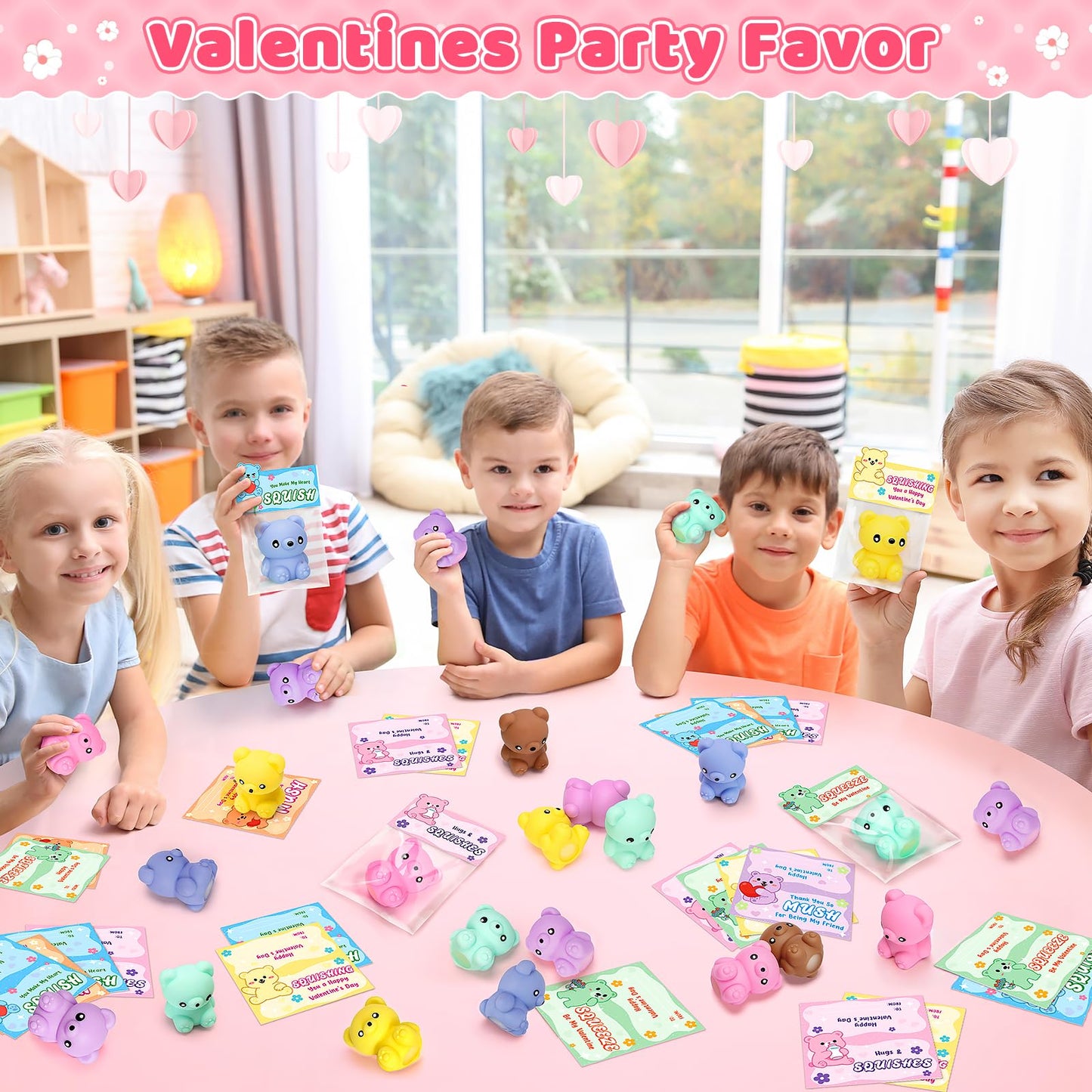 IJIGU Valentines Day Cards for Kids – 24 Macaron Bear Squeeze Toys & Cards, Classroom Gifts & Party Favors