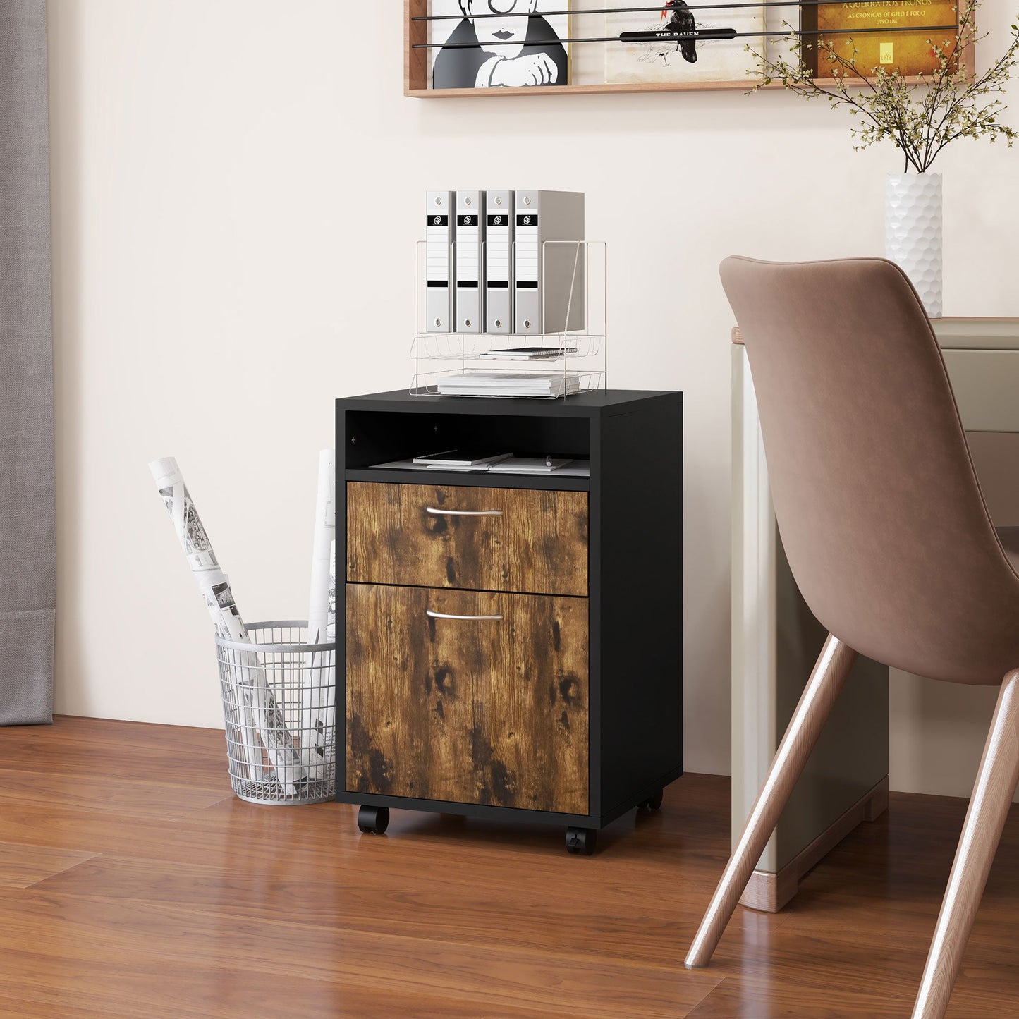 HOMCOM 60cm Storage Cabinet with Drawers and Open Shelf, Rustic Brown