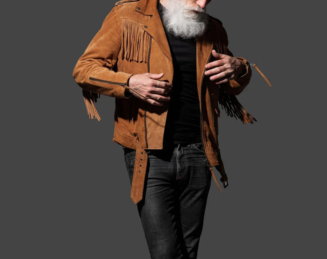 Men's Brown 100% Genuine Suede Leather Belted Fringe Jacket, Midwest Western Style Fringe Jacket