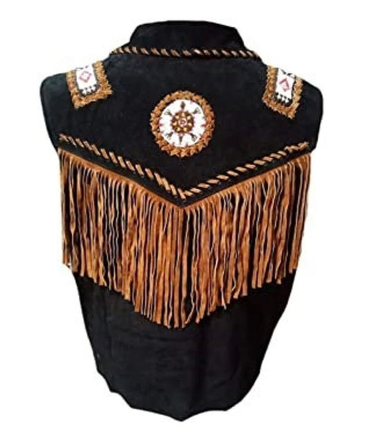 Men's Cowboy Fringes, Bones & Beads Suede Leather Stylish Vest