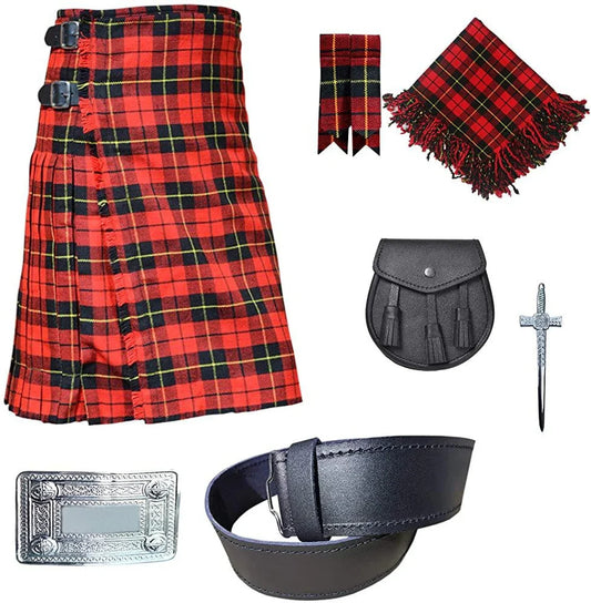 8 yard Great Scottish Highland 7 Pieces kilt outfit Kilt, Leather Sporran , Kilt Pin , Tartan Flashes , Fly plaid , Belt Buckle