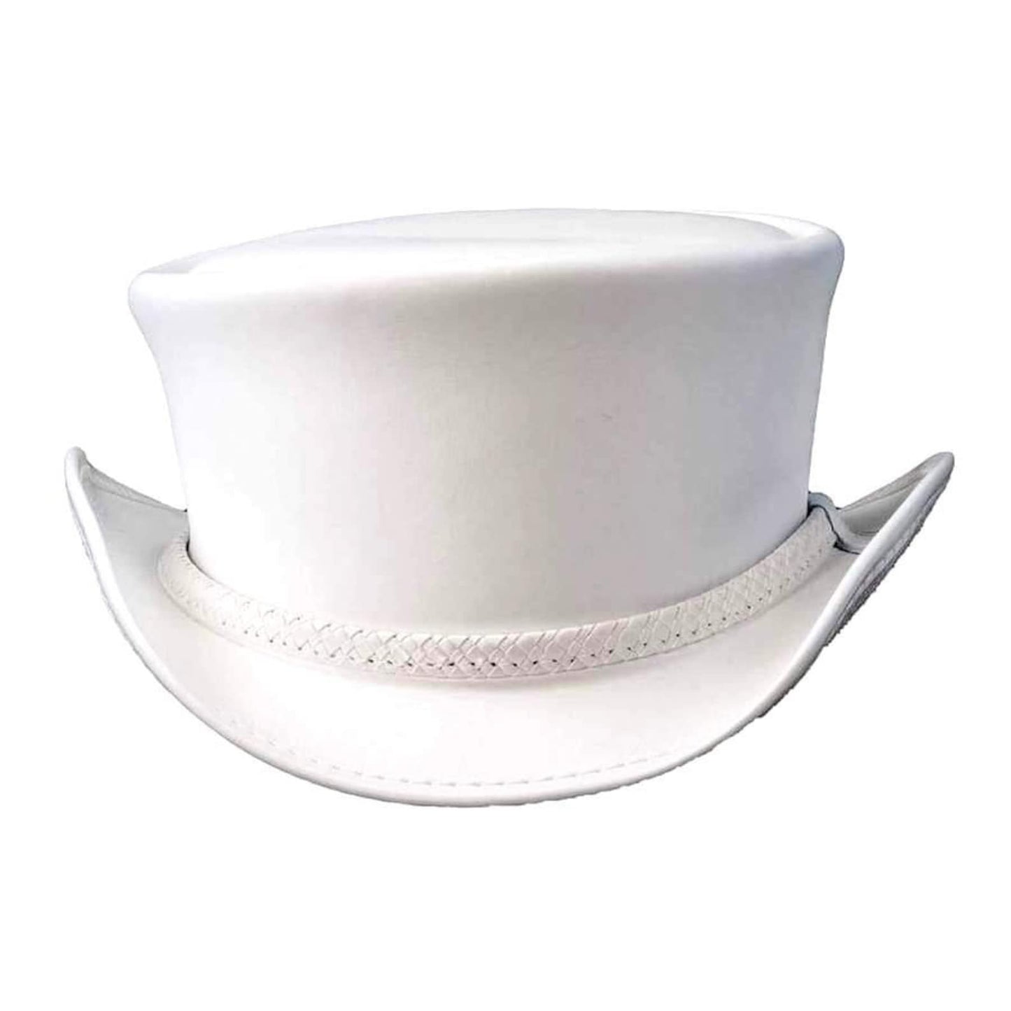 Ghost Rider White Leather Top Hat With Braided Leather Band- White Steampunk Leather Hat - High Hat Bikers Motorcyclist Hat
