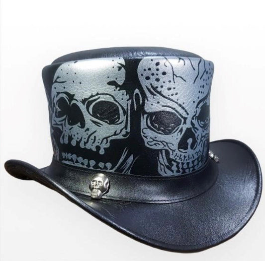 Leather Top Hat Skull Print Black & silver Real Leather Handmade
