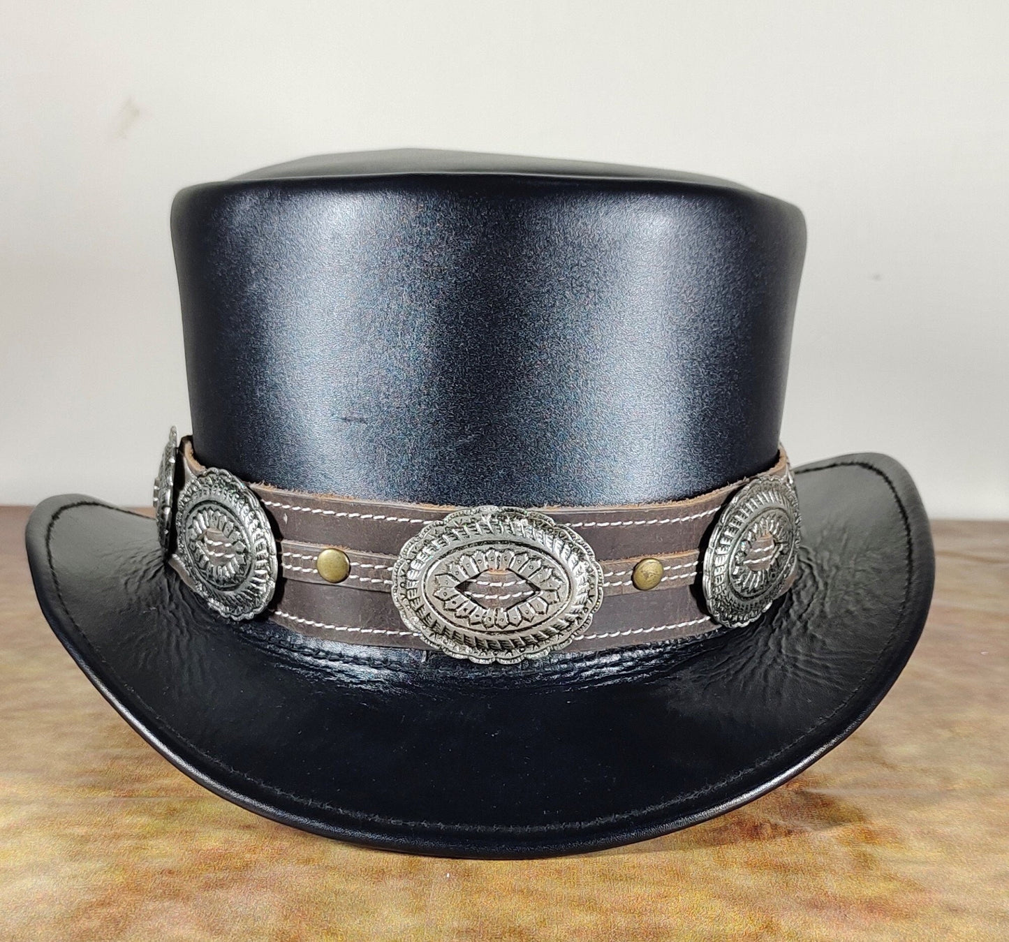 Black Hat with Contrast Brown Leather Band Stylish Large Oval Conchos Handmade 100% Cowhide Leather