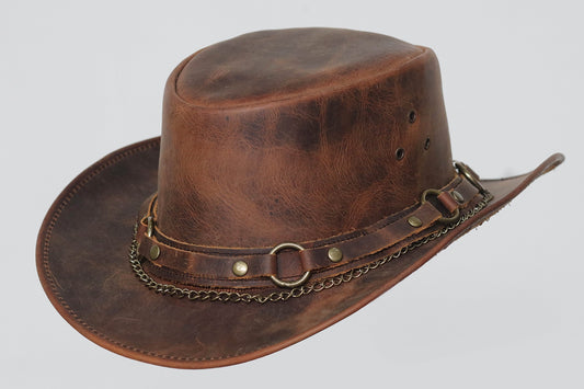 Brown Leather Top Hat | Steampunk Band Wear | Classic Biker Brown Leather Hat