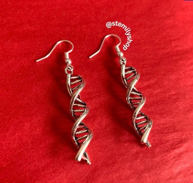 Cool quirky silver DNA genetics stem science drop dangle biology earrings on hypoallergenic surgical steel hooks