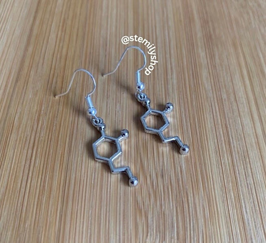 Cool quirky silver dopamine stem science drop dangle biology earrings on hypoallergenic surgical steel hooks