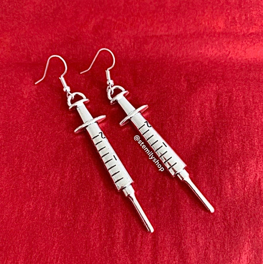 Cool quirky silver syringe science biology nurse earrings on silver plated hooks