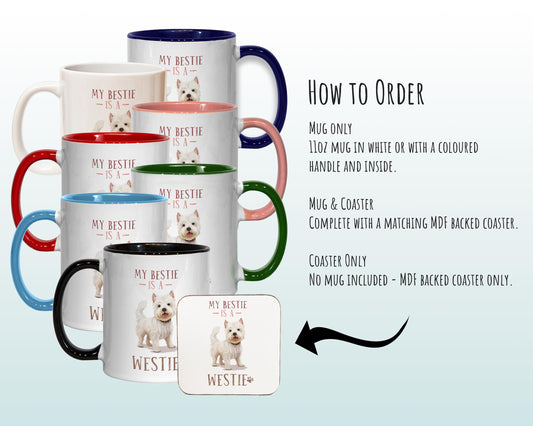 Westie Gift Mug - Ceramic Coffee Tea Chocolate Mug Coaster West Highland White Terrier Design for Dog Mum Dad Owner Secret Santa MG0905