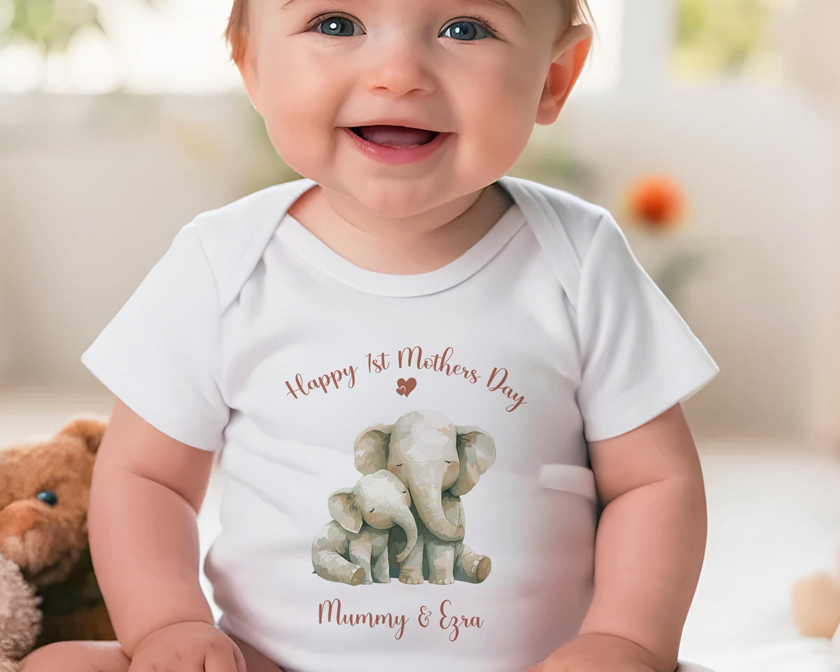 First Mothers Day Gift Personalised Present - Elephant Design Babygrow Tee Vest Gift for New Mum Gift from Baby - Matching Cushion SMC008