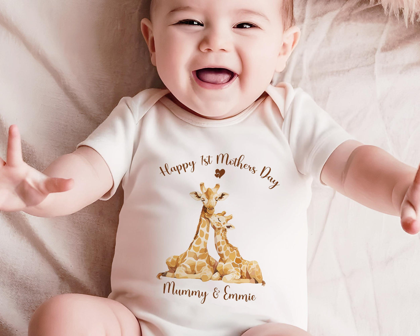 First Mothers Day Gift Personalised Present - Giraffe Design Babygrow Tee Vest Gift for Watercolour Wild Animals - Matching Cushion SMC007