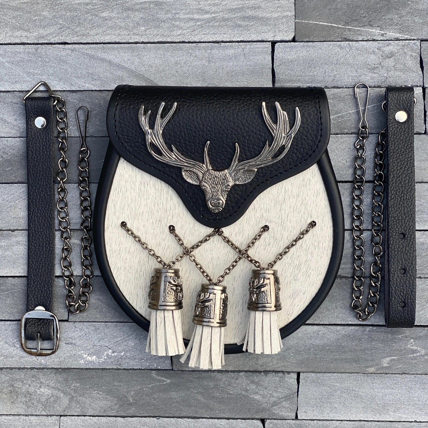 White Fur & Leather Stag Head Cantle Sporran with Celtic Thistle Tassels – Premium Scottish Kilt Accessory