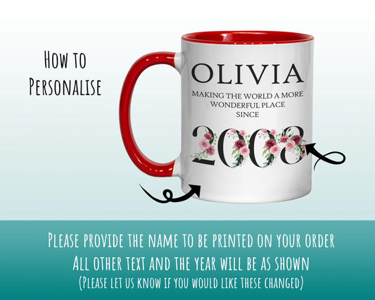 18th Birthday Gift for Her - Wonderful Since 2008 Personalised Coffee Mug Coaster Age 60 Gift for Women Ladies Floral Design Daughter BND18M