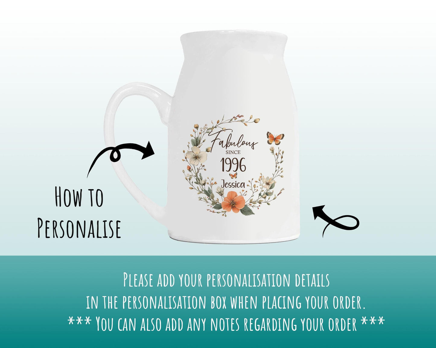 30th Birthday Gift for Her - Fabulous Since 1996 Small Personalised Flower Pot Vase 30 Gifts for Women Floral Design Daughter Sister BNL30