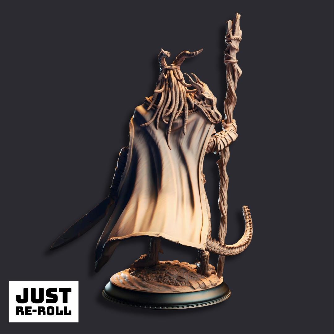 Horzin Ashen-Palm – Black Dragonkin Druid - 3D Printed Druid Character Miniature
