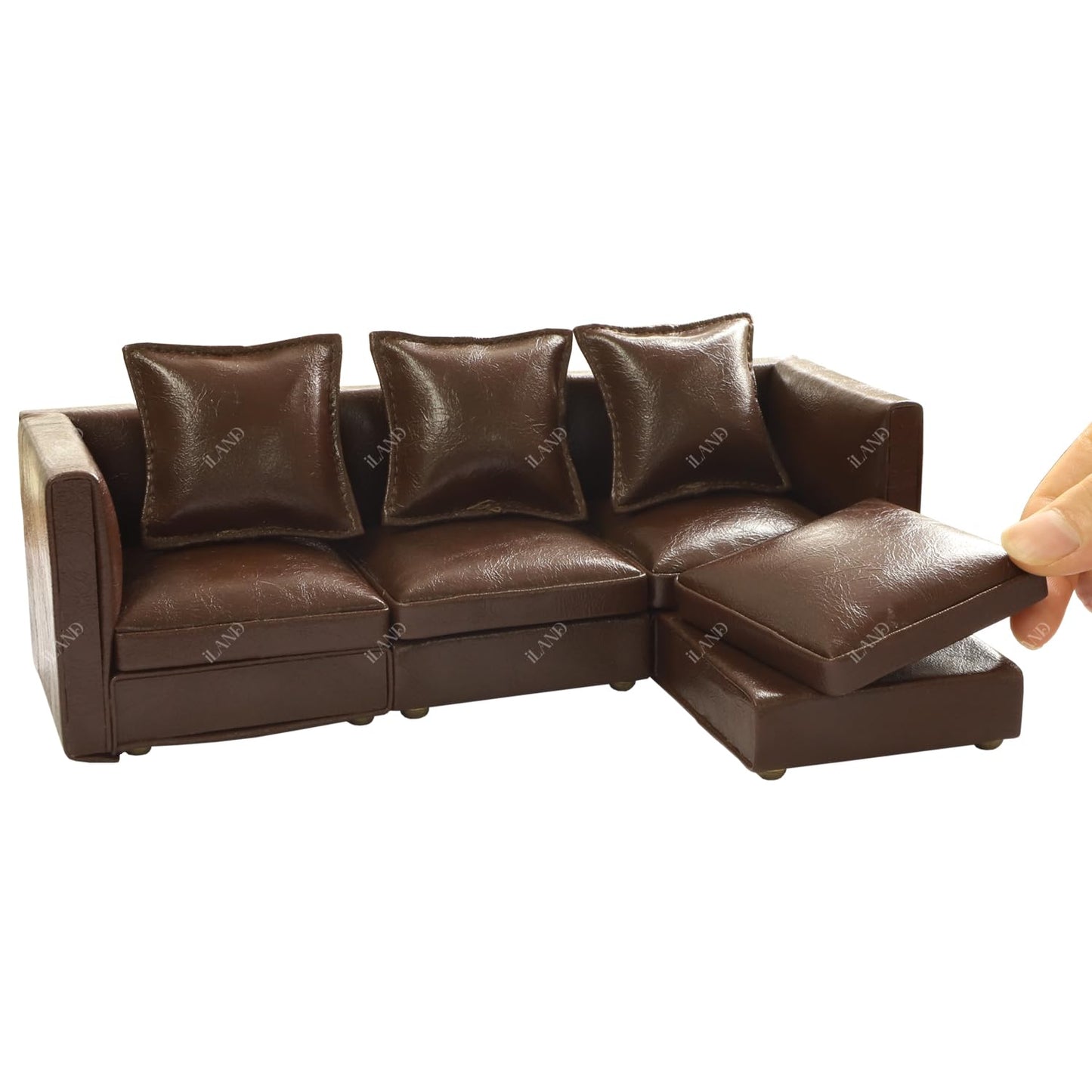 iLAND Dollhouse Sectional Sofa Set – 1/12 Scale, Modern Brown Faux Leather
