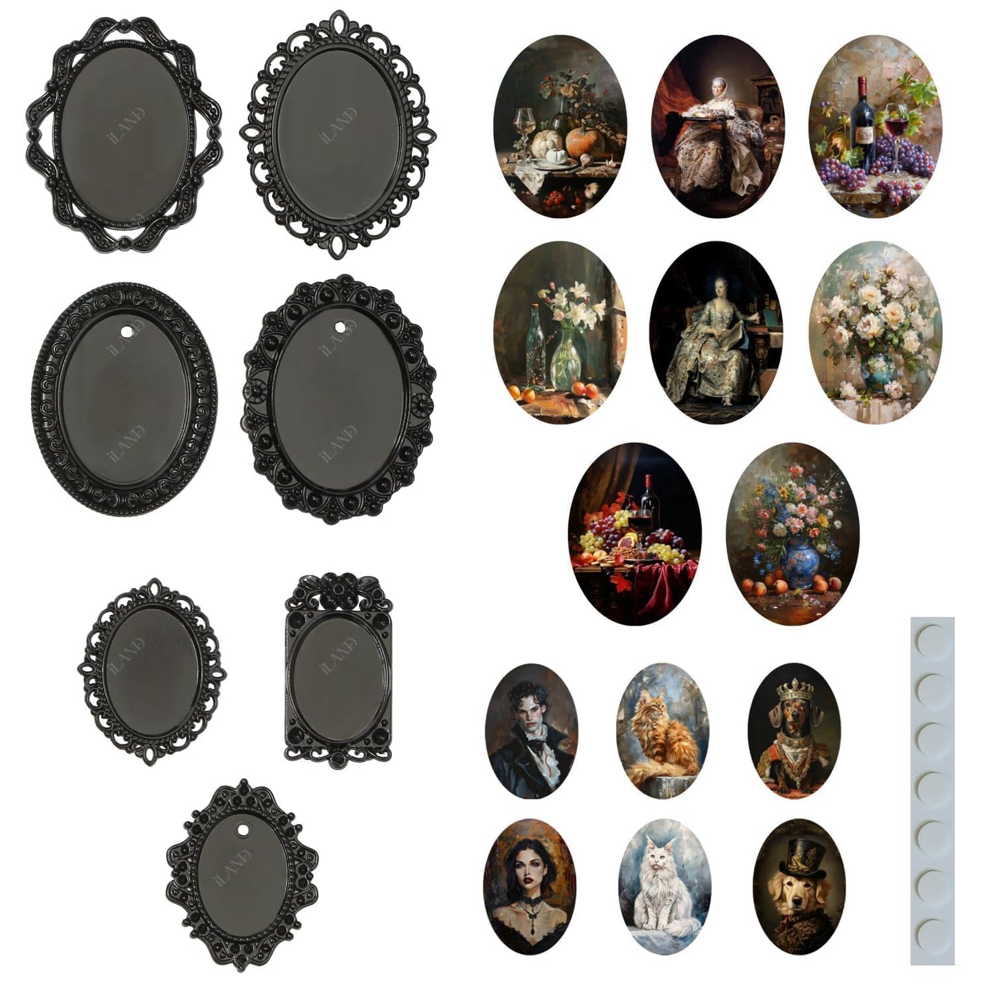 iland 1/12 Scale Tiny Frame Art – 7 Frames + 14 Mini Paintings for Dollhouse Decor (Black Frames)
