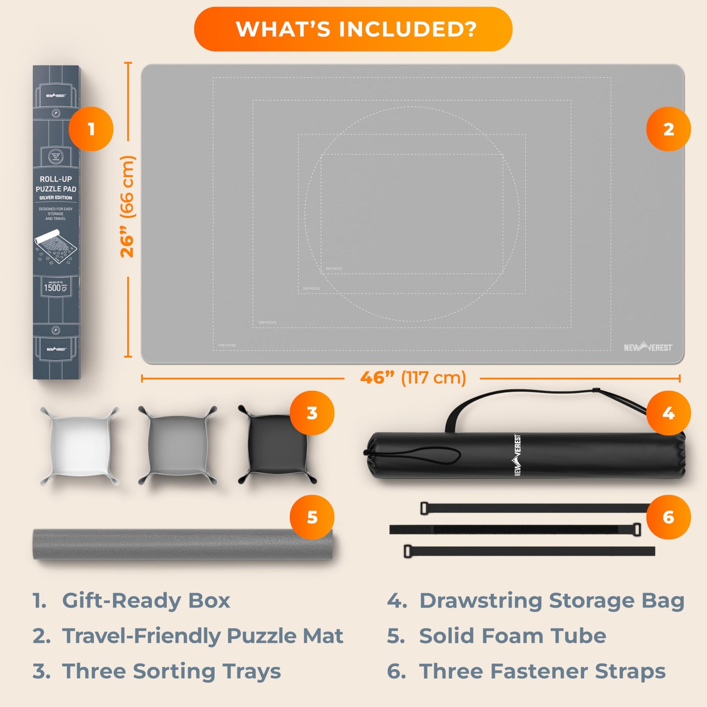 The Original Newverest Jigsaw Puzzle Mat Roll Up, Silver, 46” x 26” Portable Keeper Up to 1500 Pieces with Non-Slip Rubber Bottom & Smooth Top + 3 Puzzle Sorting Trays & Travel-Friendly Storage Bag