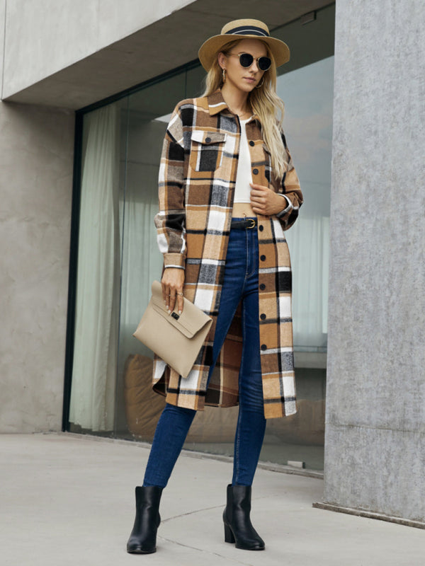 Women's Leopard Plaid Print Plush Stitching Contrast Color Warm Long Sleeve Jacket