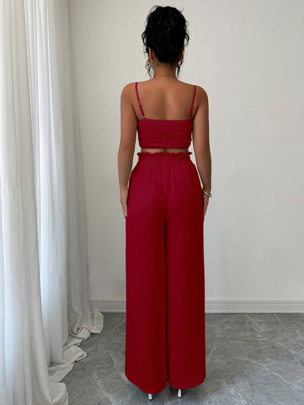 Burgundy suspender vest wide-leg pants two-piece set