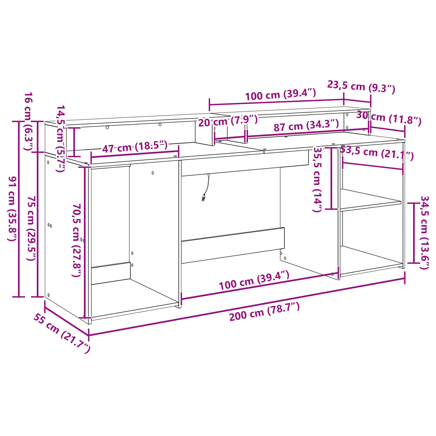 Modern Wooden 200cm Home Office Computer Desk Table With LED Lights & Storage