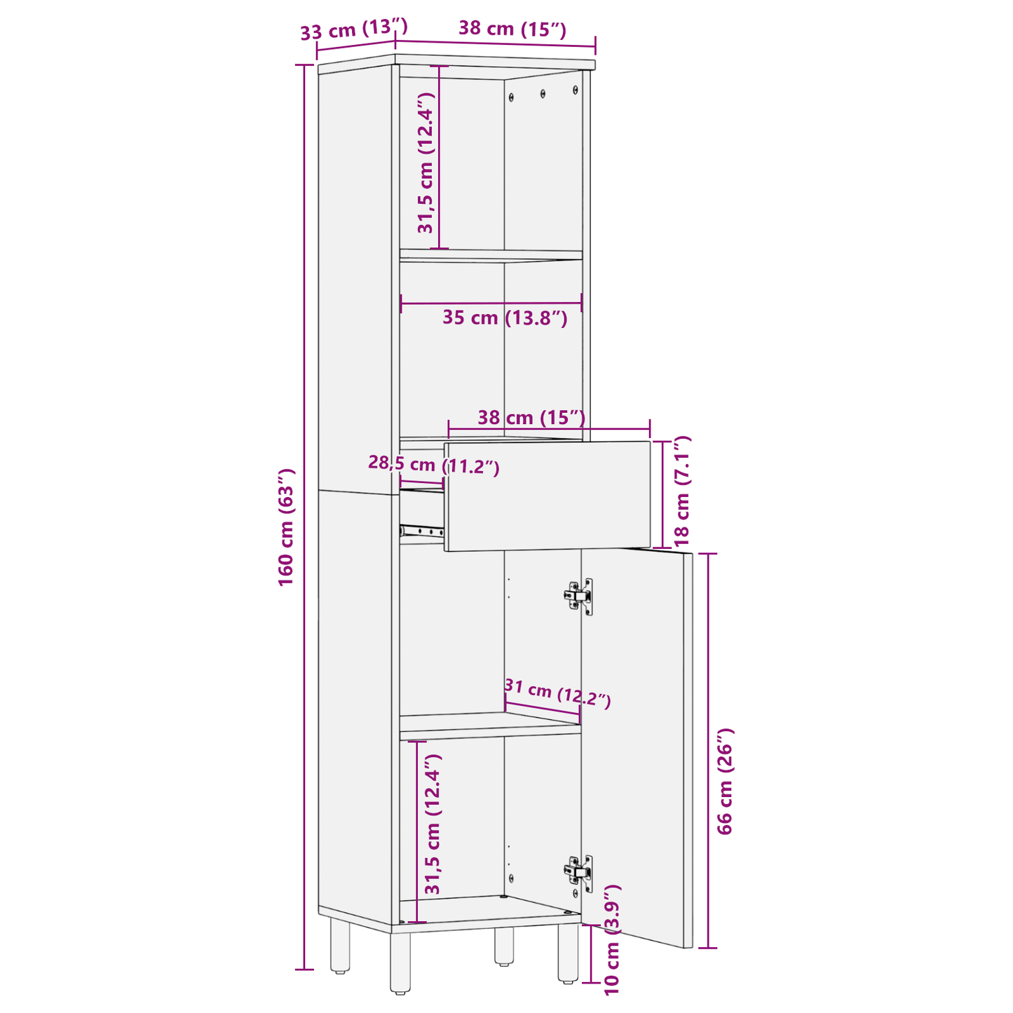 Bathroom Cabinet 38x33x160 cm Solid Wood Acacia