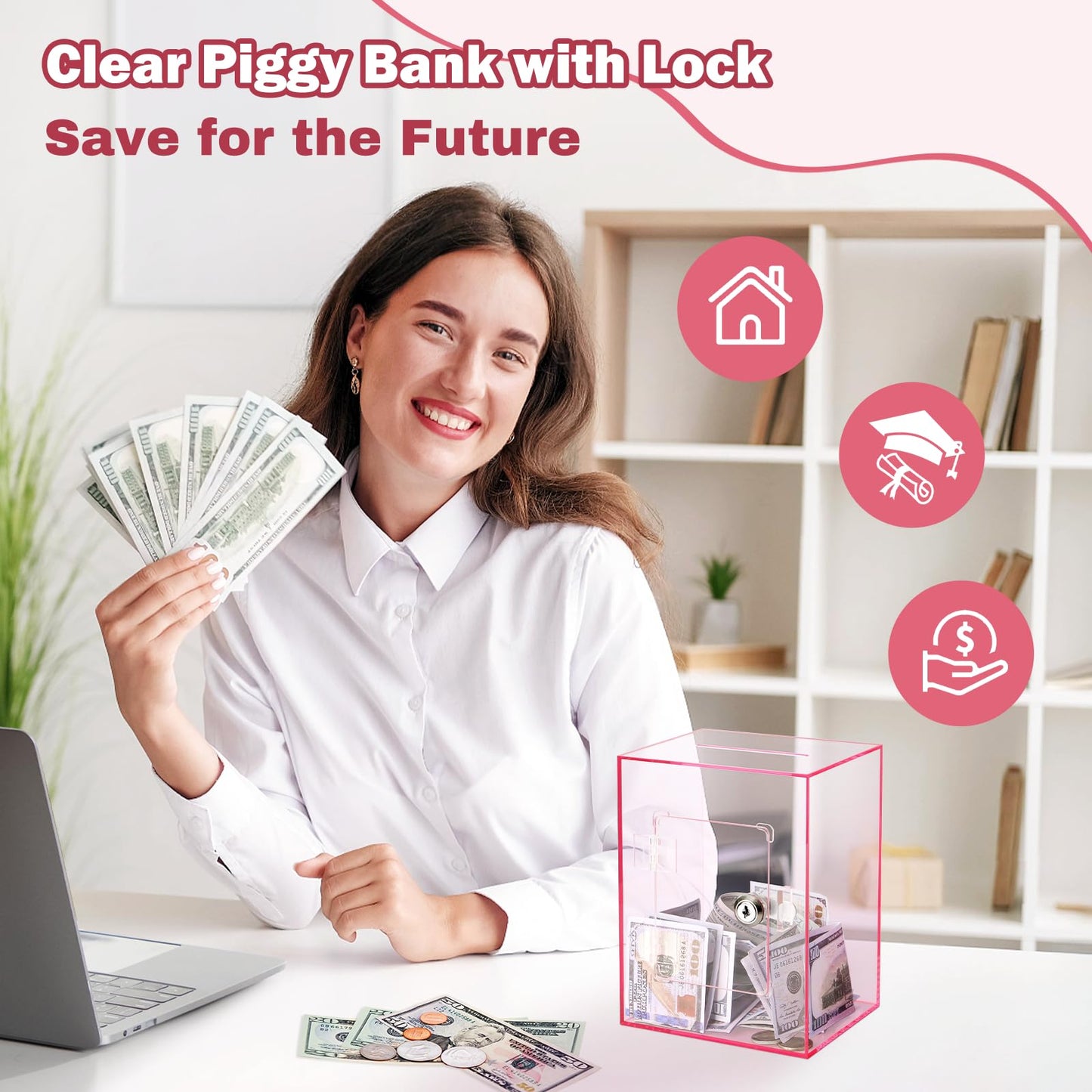 Imeepa Clear Acrylic Piggy Bank with Lock – Pink, Large Capacity