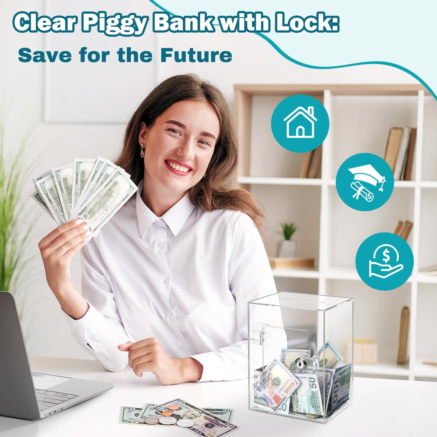 Imeepa Clear Acrylic Piggy Bank with Lock & Key – Transparent Money Saving Box for Kids & Adults