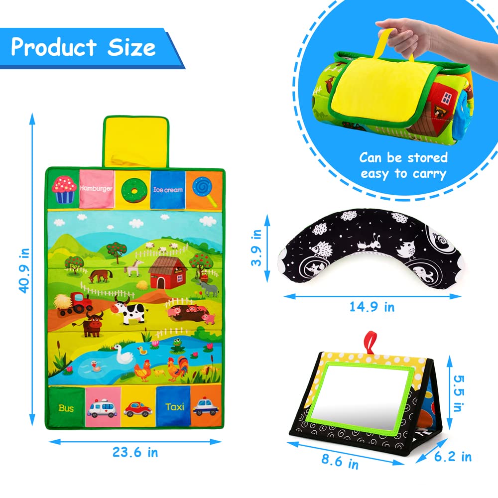 Inbeby Tummy Time Mirror & Play Mat 3-in-1 | High-Contrast Baby Toys